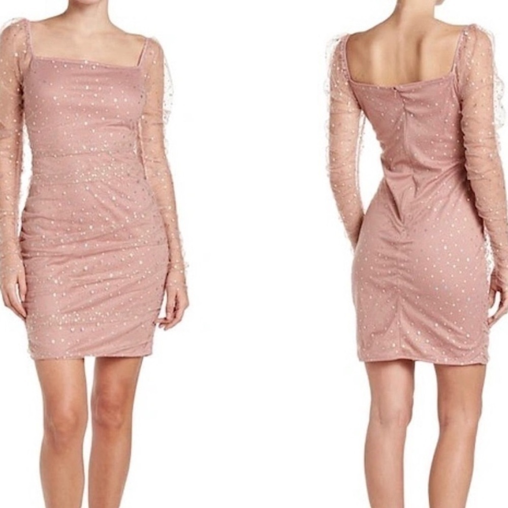 AREA STARS Stardust Pink Y2K Barbie Sheer Ruched Long Sleeve Mini Dress M